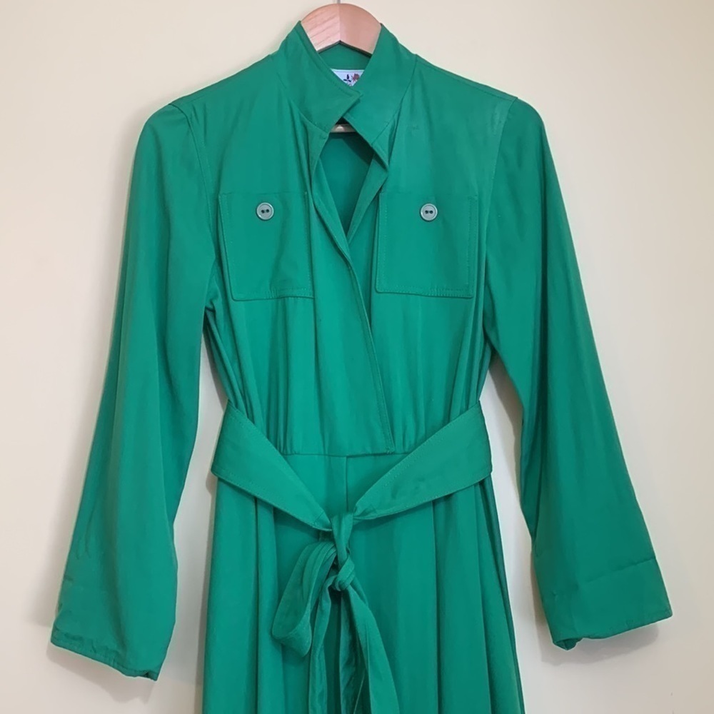Caron || 80’s Kelly Green Long Sleeve Faux Wrap Belted Shirt Pocket Dress M - Picture 3 of 16